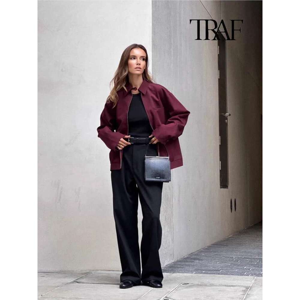 Designer Clothes TRAF Women's Fashion Bordeaux Red Zipper Vintage Bury Lapel Long Sleeve Casual Loose Street Commuter Jacket