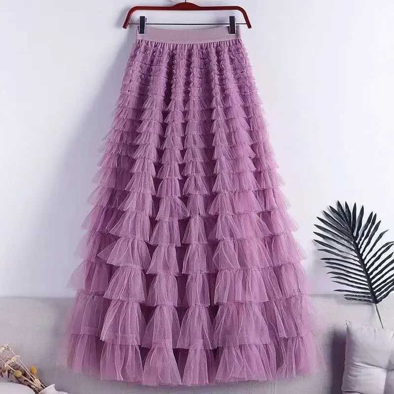 Chamliforve womens chiffon mesh skiing elegant elastic waist fairy long A-line Tutu skiing spring and summer long cake skiing M250424