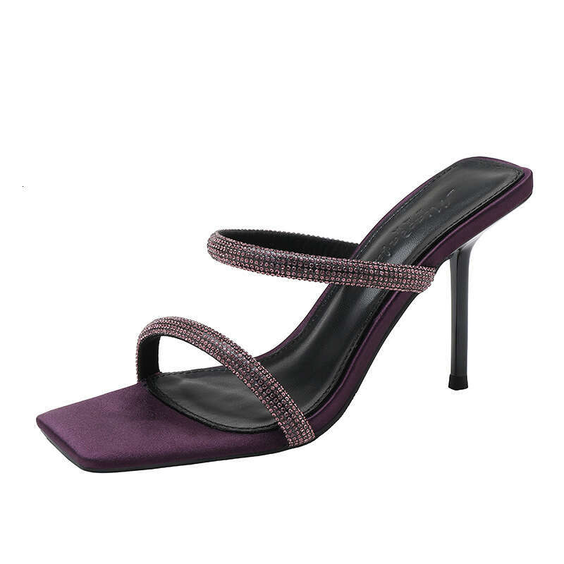 Woman Sandals Thin High Heels Slippers Women S Purple Color Summer Sexy And Versatile Wearing Rhinestones Exposed Toes Straight Strap Square Head Cool