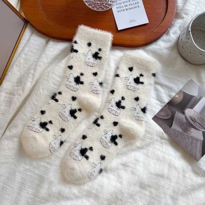 3 Pairs Girls Soft Mink-fur Off-White Animal Print Socks Cute And Comfortable Kids Footwear G251124