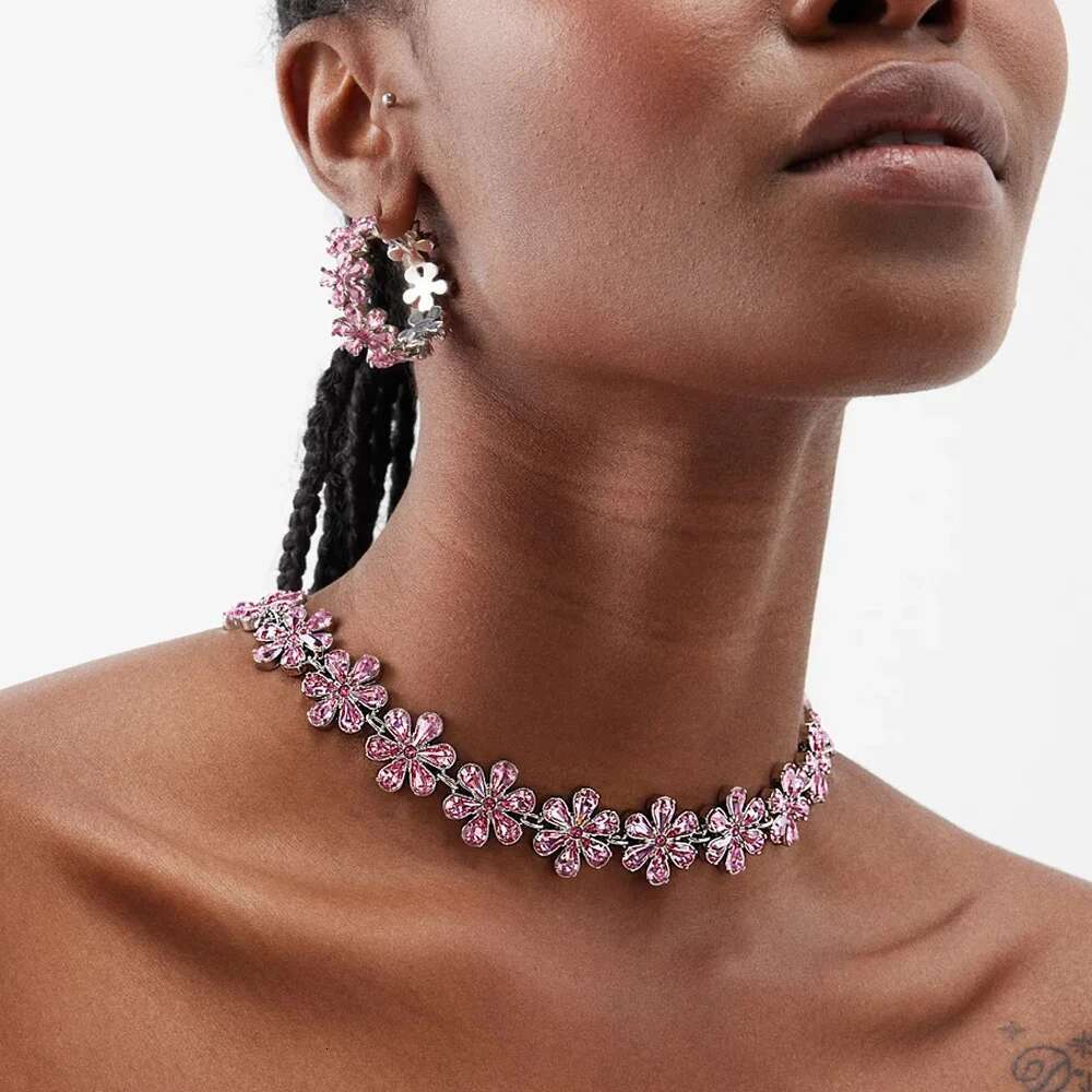 Stonefans Pink Crystal Flowers Choker Statement Accessories Fashion Women Rhinestone Collar Necklace Clavicle Jewelry