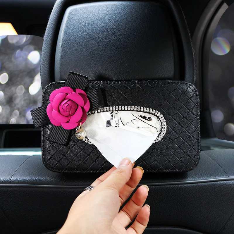 Crystal Car Tissue Box Camellia Flower PU Leather Auto Tissue Bag Seat Back Headrest Hanging Holder Case For Car AccessoriesM251124