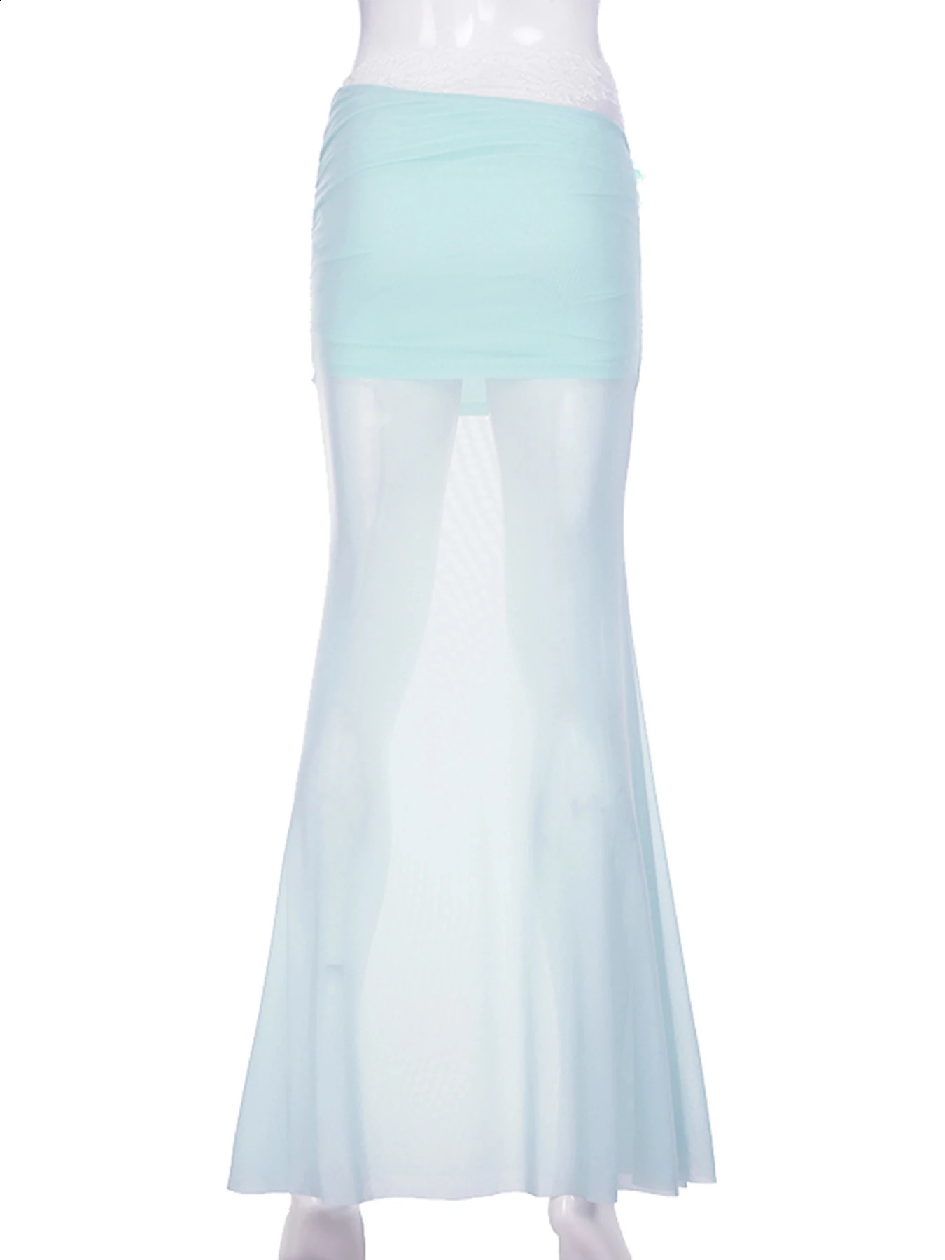 IAMSURE Holiday See Through Lace Mesh Skirts Beach Style Sexy Slim Low Waist Maxi Skirts Women Summer Fashion Street Wear 250422