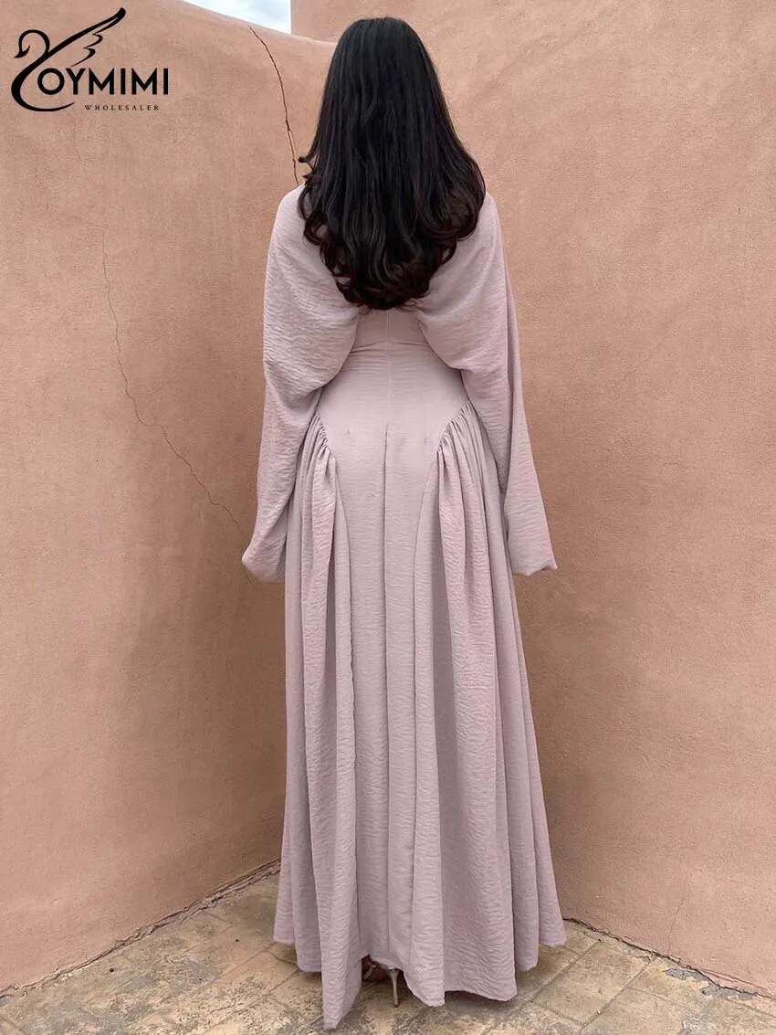 Oymimi Fashion Pink Loose Women's Elegant V-Neck Long Sleeve Solid Dresses Spring Casual Pleated Floor-Length Dress Female