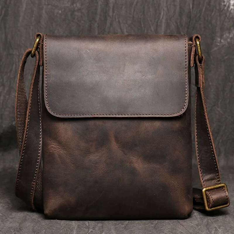LUOKIR Vintage Crazy Horse Shoulder Simple Crossbody Genuine Leather Men's Large Capacity Ipad Bag