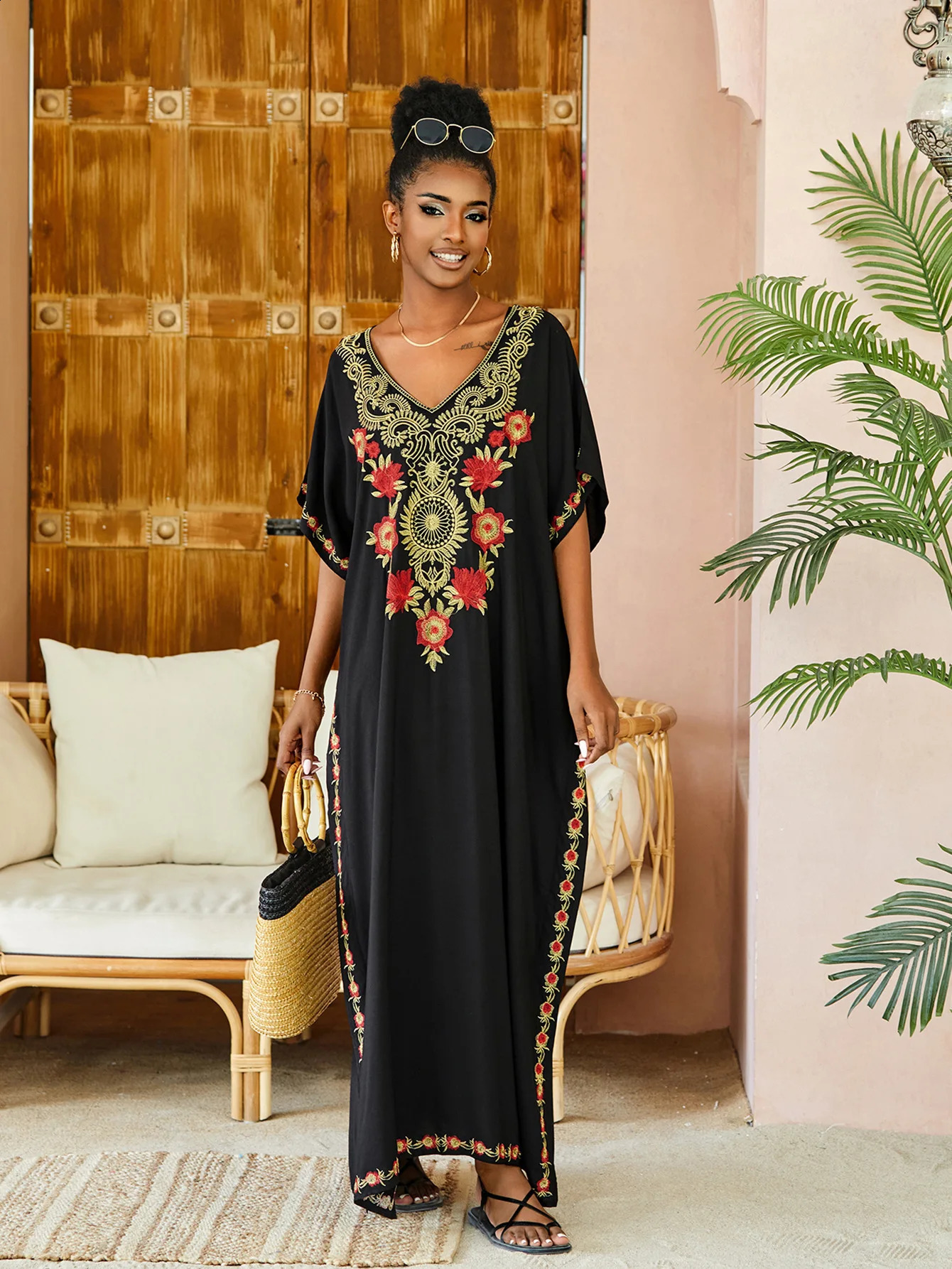 Embroidered Vneck plus size Kaftan womens Bohemian beach dress long skirt 250422