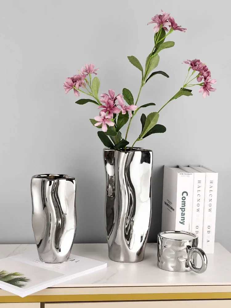 Silver Flower Pot Ceramic Vase Ornament Living Room Flower Vase Light Luxury Modern Simple Dining Table Home Decoration Jarrones C251124
