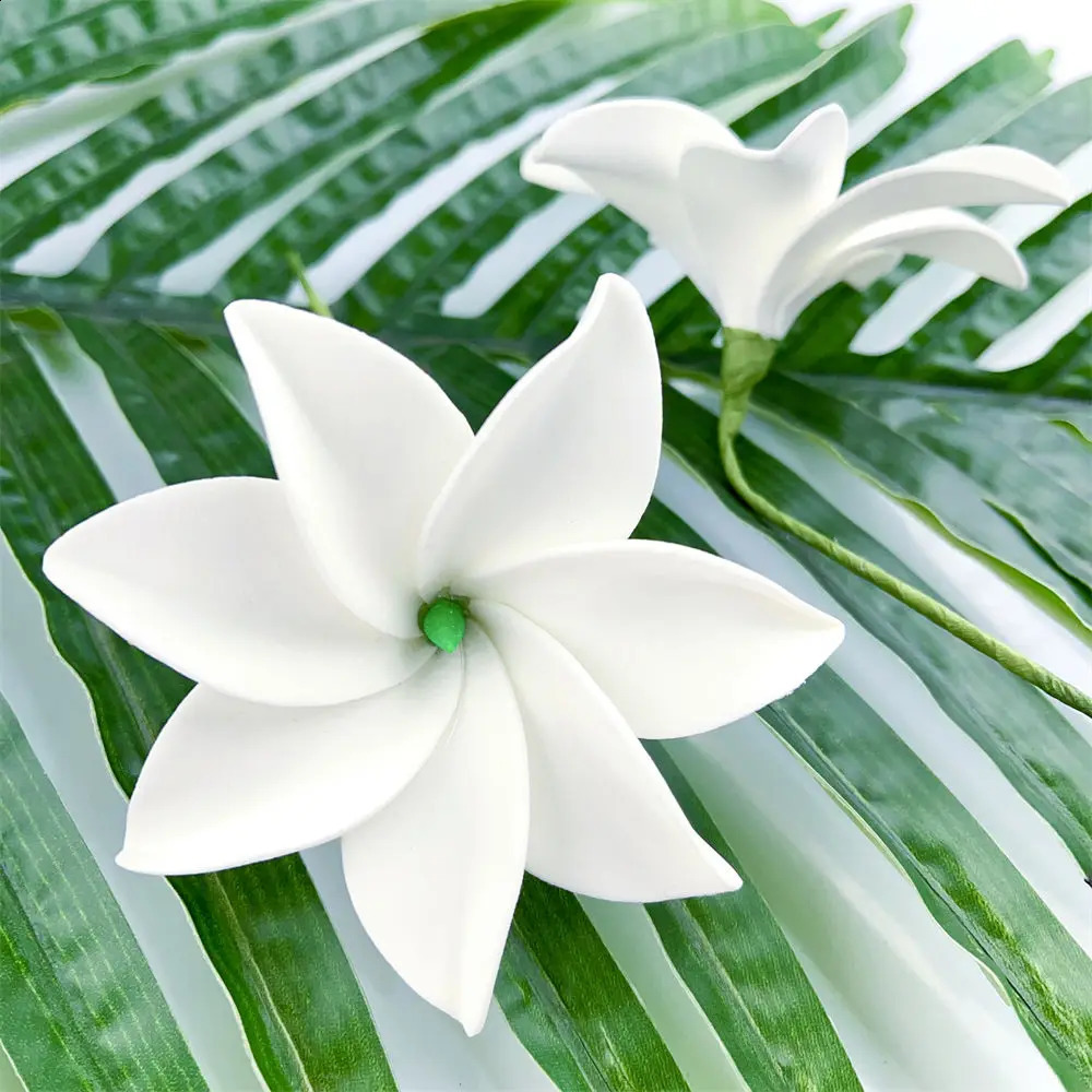 10pcs White 8cm Roll-edged 7-petal Foam Tiare Flower Hair Pick Tahiti Gardenia Ear Flower Hula Wedding Party Hair Accessories 250420