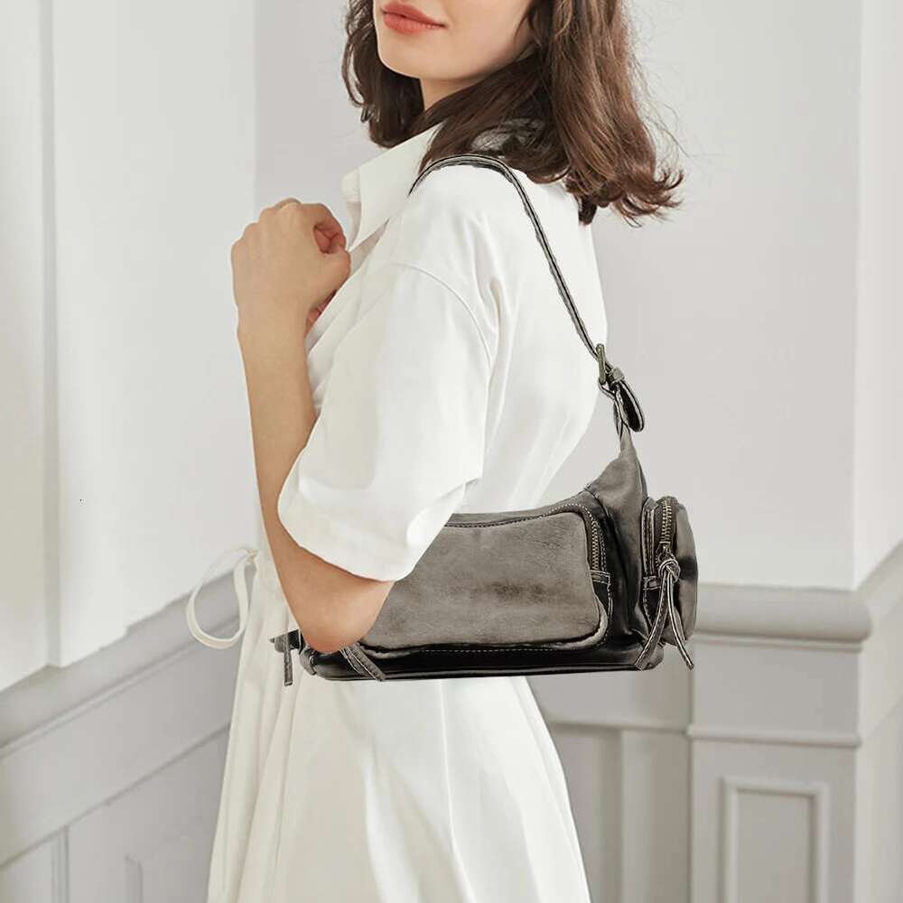 Women Y2k Underarm Solid Color PU Stylish Punk Armpit Bag Large Capacity Retro Tote Purse Multi-Pockets For Outdoor Travel