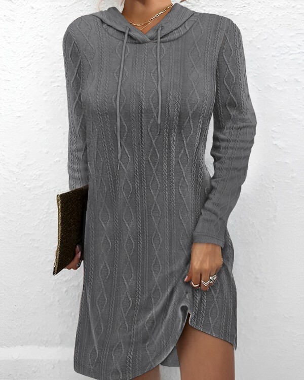 2023 Autumn New Solid Long Sleeve Hooded Pullover Knitted Dress for Women