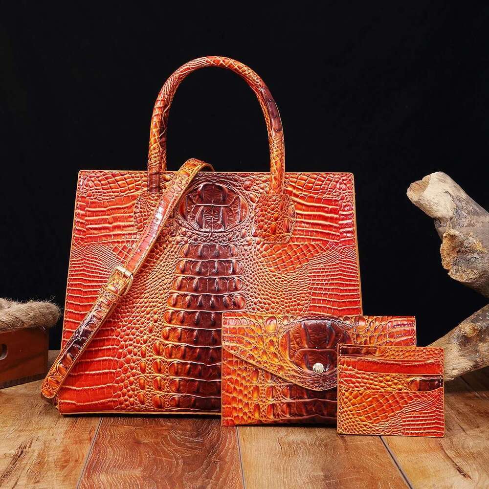 3 Pcs Crocodile Pattern Handbag Purses Set, Multi-Functional Vintage Top Handle Crossbody Business Clutch Bag & Card Coi