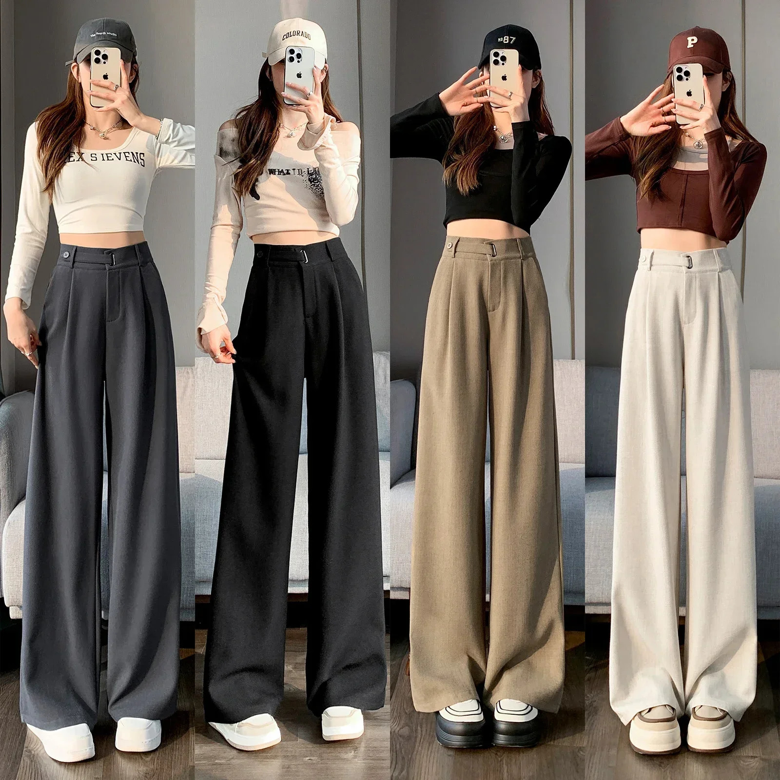REALEFT 2025 Cotton Linen High Waist Suit Wide Leg Womens Full Pants Spring Summer Female Elegant Straight Loose Trousers 250421