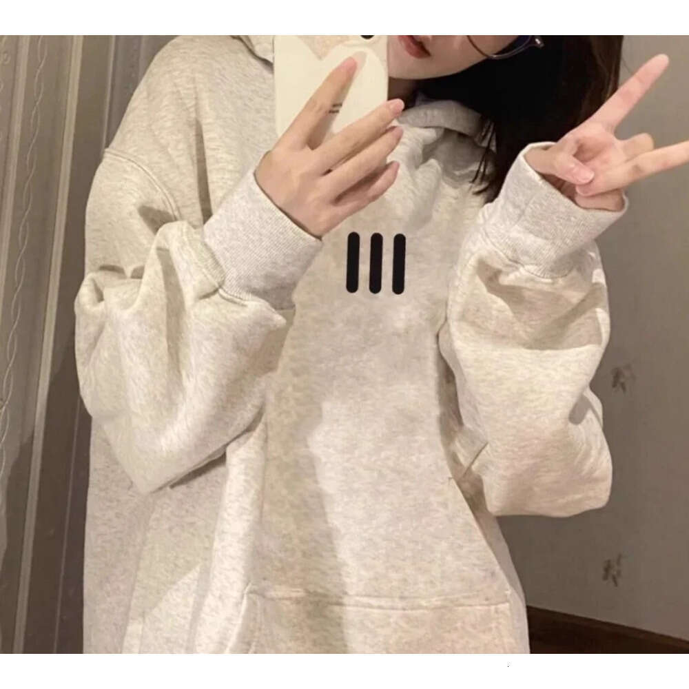 Fleece Lined Hoodie Women's Autumn Winter Spring Thin Long Sleeve Loose Fit White Grey Versatile Casual Cotton Blend Top