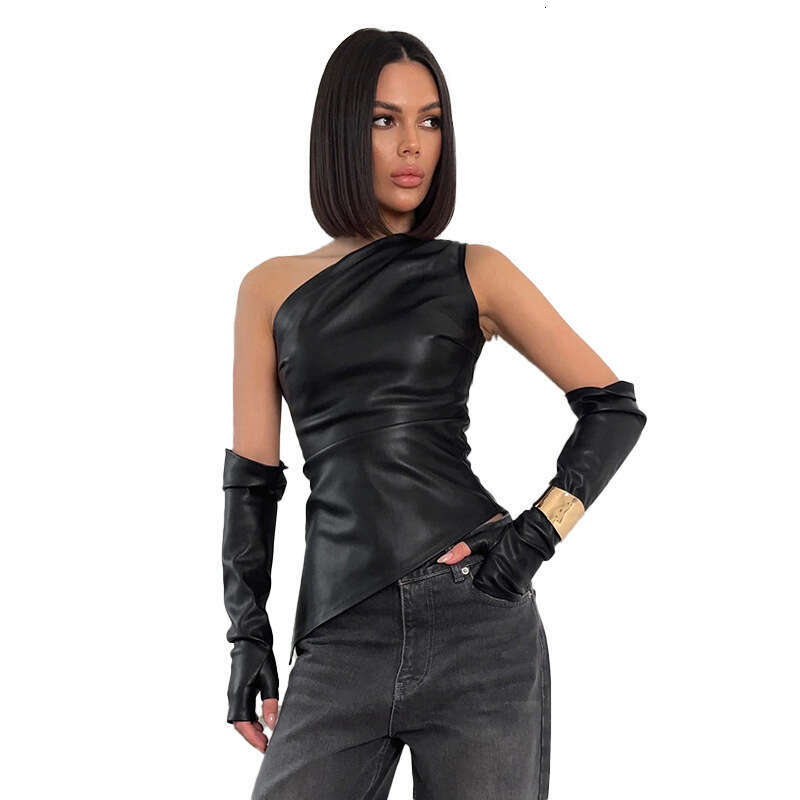 PU Leather Vest Women's 2025 New Street Trendy Sleeveless Slant Collar with Sleeve Top for Women