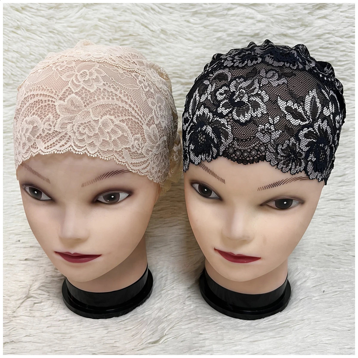 Muslim Women Headscarf Hollow Lace Elastic Space Layer Fabric Applique Headwear Solid Indian Bean Hair Hat Lady Hat 250420