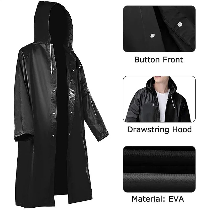 Long EVA Unisex Raincoat Thickened Waterproof Rain Coat Women Men Hooded Adult Black Camping Waterproof Rainwears Suit Hiking 250421
