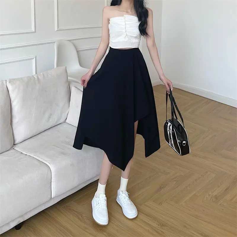 Black irregular leather womens spring and summer high waist thin medium long umbrella dress plus size bottom retro Y2k dress M250424