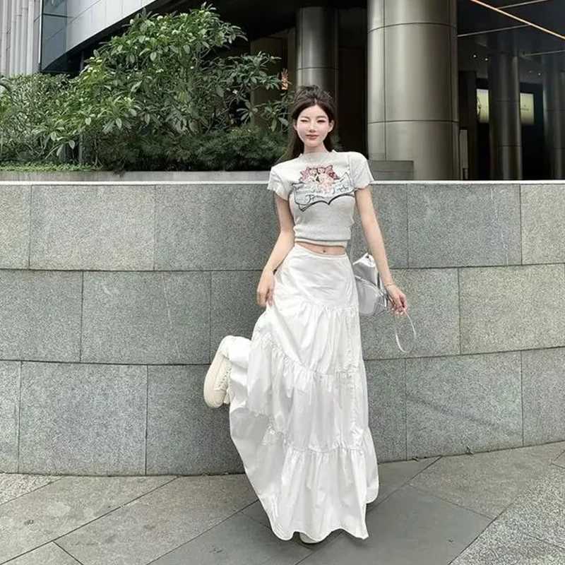 Y2k womens skiing retro high waisted elastic patch work white chic long cake A-line skiing streetwear M250424