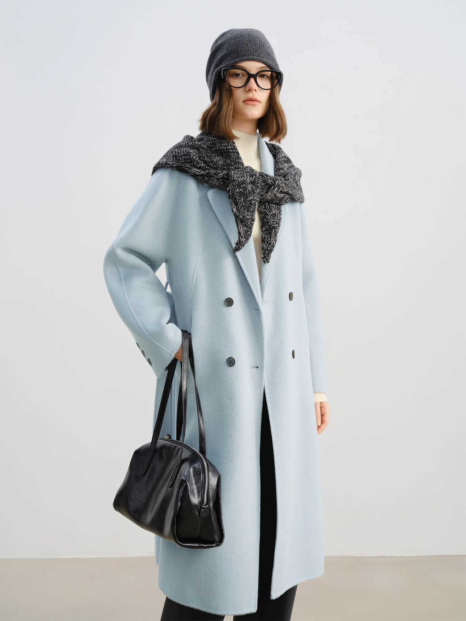 ZIQIAO 2025 Winter Womens Petite Navy Blue Double-Faced Wool Blend Coat with Raglan Sleeve Short Tweed Overcoat for Petite Size J251124