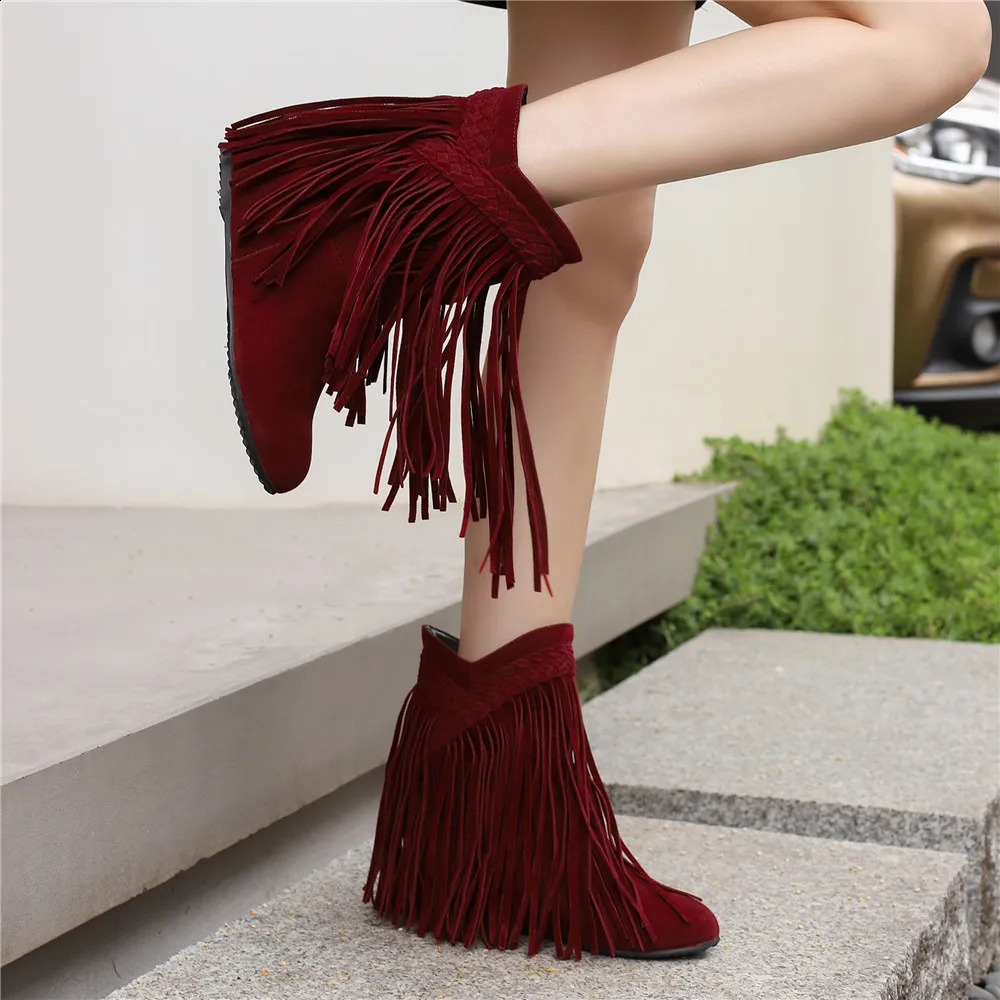 2024 Fashion Autumn Winter Ethnic Woman Bohemian Flock Tassle Hidden Moccasin Ankle Boots Fringe Female Slip On Shoes 250418