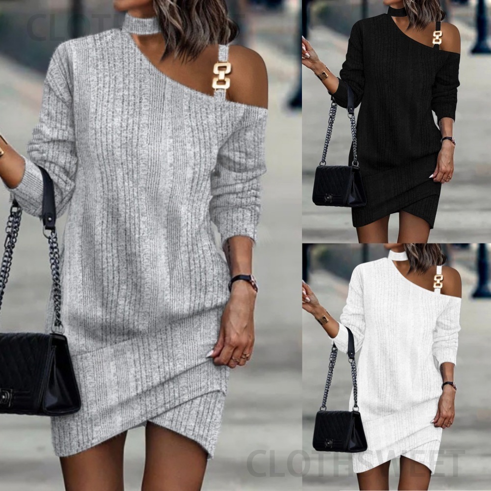 2023 Autumn/Winter Long Sleeve Chain Neck Solid Color Button Dress for Women