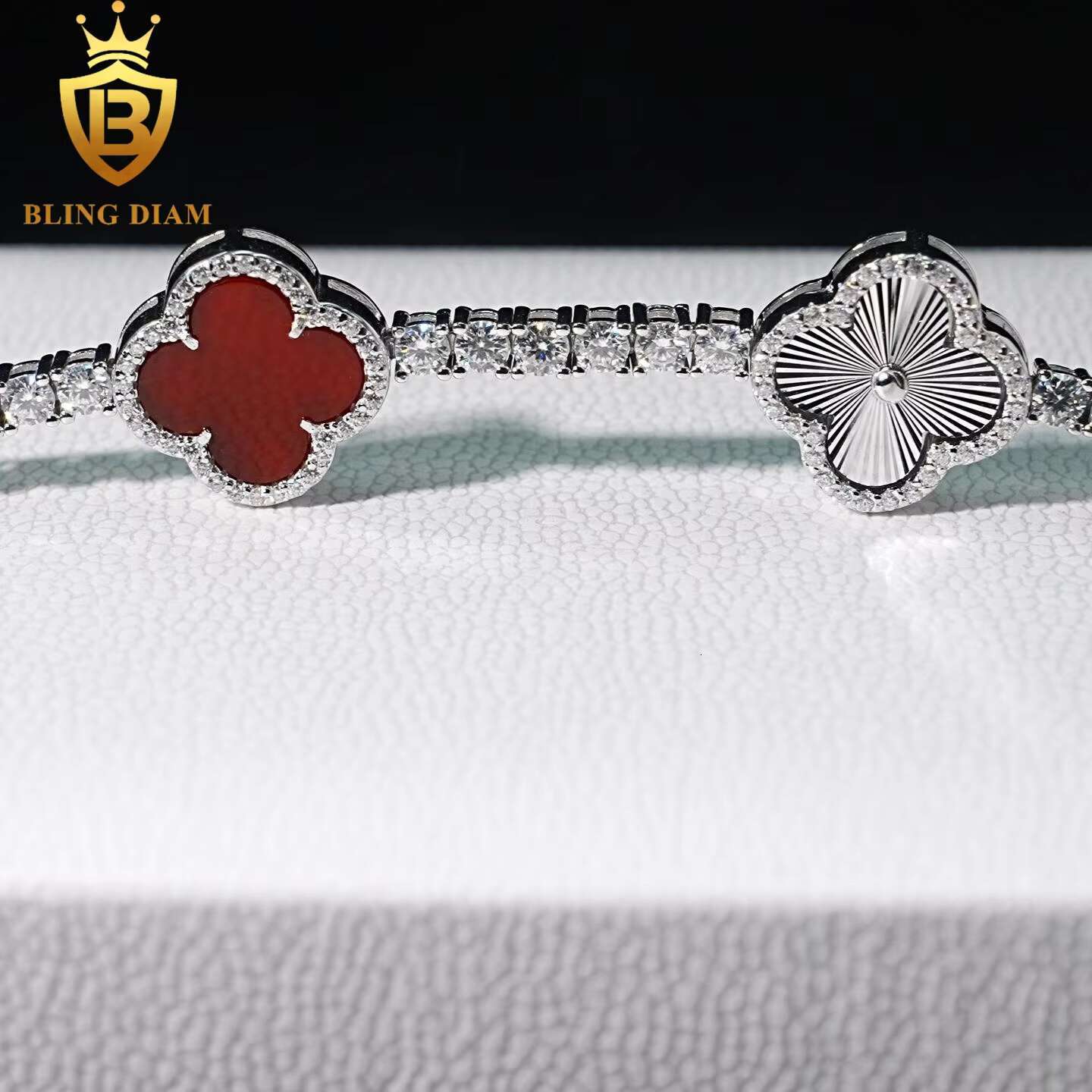 3mm Fashion Fine Jewelry Red Agate Four Leaf Clover Iced Out Moissanite Tennis Chian Bracelet