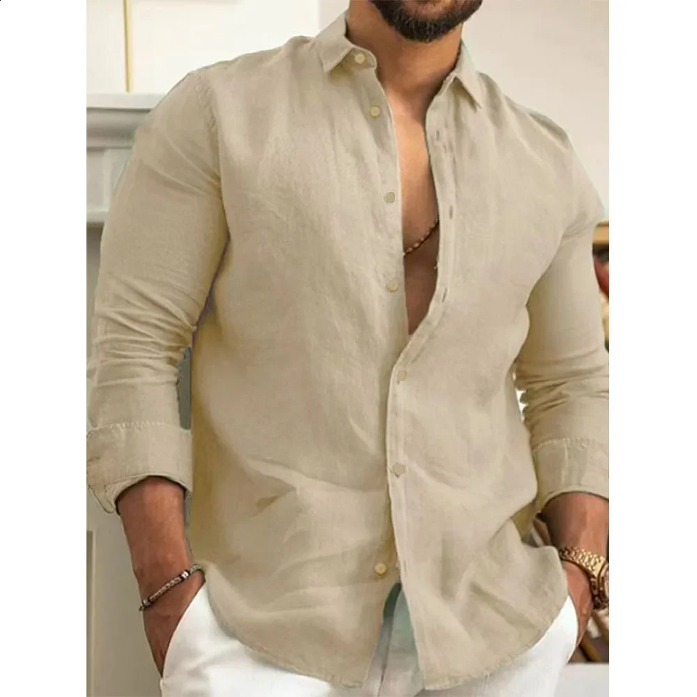Mens cotton casual luggage shirt spring and summer lightweight long sleeved breathable Hawaiian collar mens top 250420
