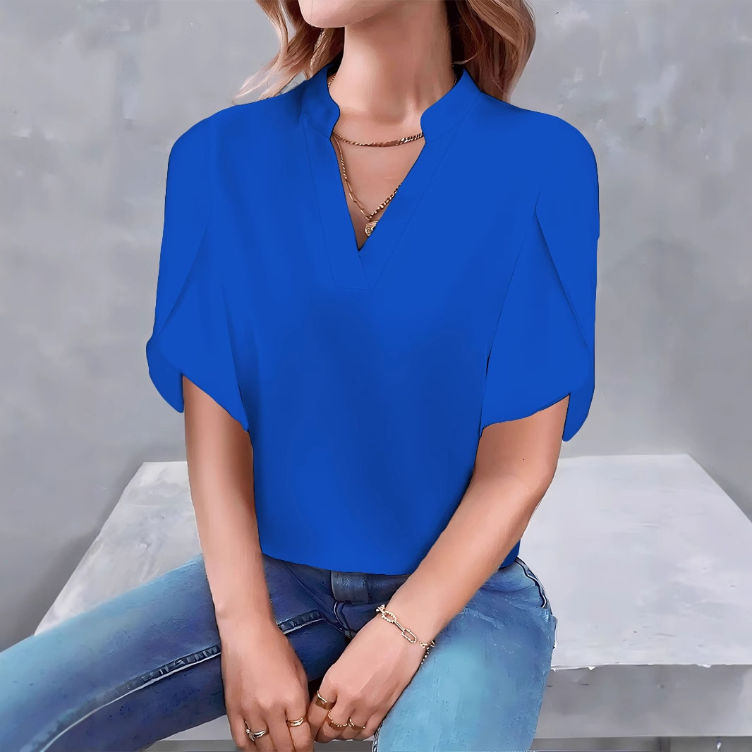 2025 Summer Fashion Simple V-neck Petal Sleeve Solid Color Womens Shirt Womens Shirt