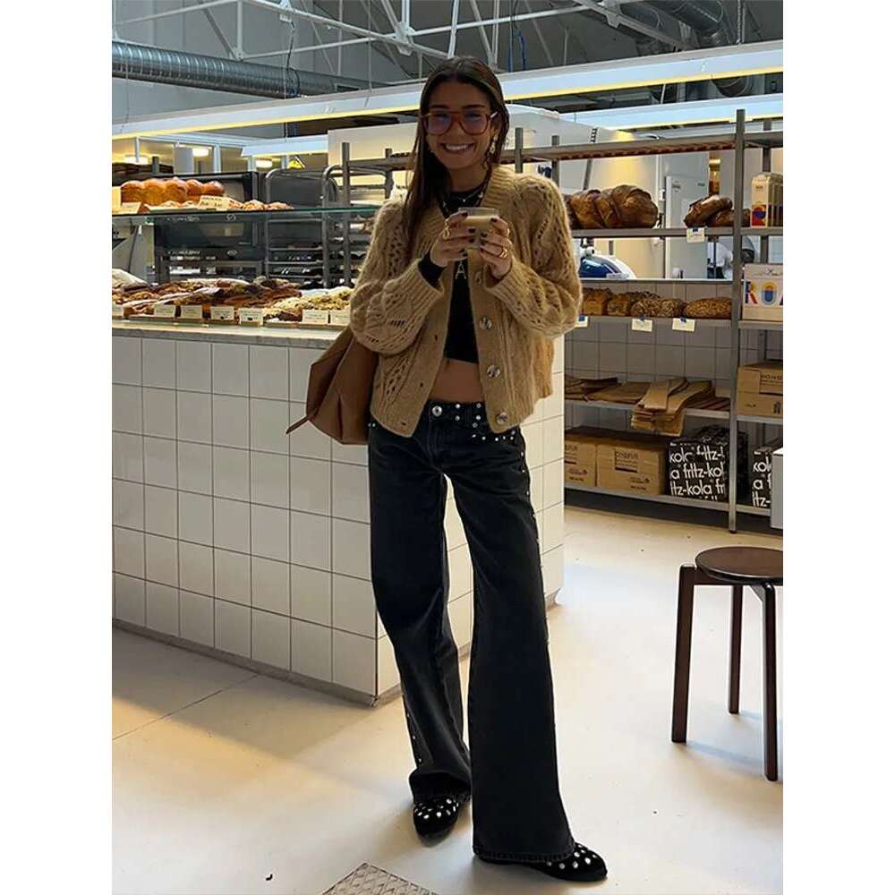 Leopard Print Star Beading Women Denim Pants Metal Rivet Low Rise Straight Wide Leg Jeans Dragging Vintage High Street Pant