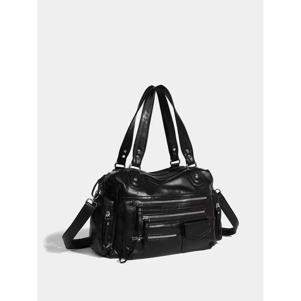 Designer Bag 2025 Black Punk Large Capacity Tote High Quality Multi Zipper Textured Leather Handbag Shoulder Messenger Female Cool Bag Luxury Bag