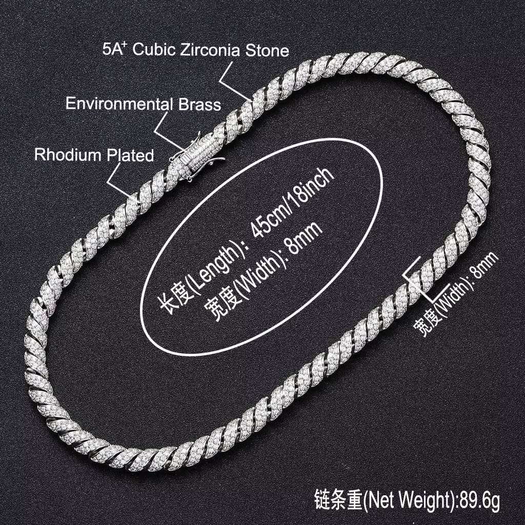 BES 8MM Brass Micro Paved 5A Cubic Zirconia Length Rope Chain Necklace Iced Out Bling CZ HipHop Jewelry
