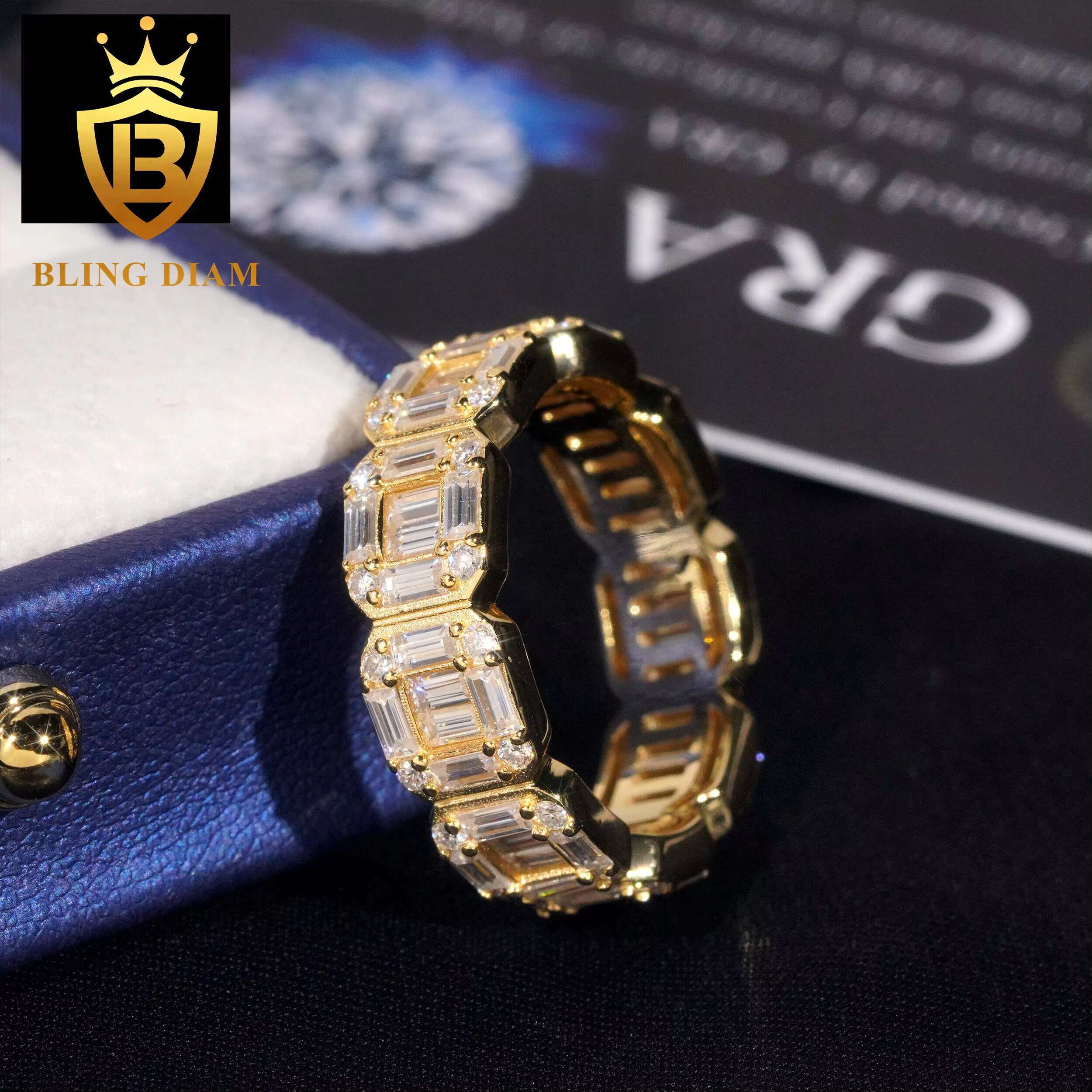 Pass Diamond Tester Vvs Moissanite Iced Out Hip Hop 925 Sterling Silver baguette Ring