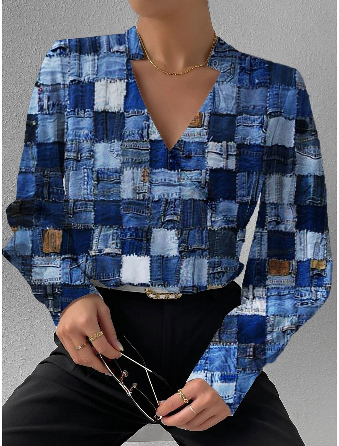 2023 Autumn New Product Long Sleeve V-neck Splicing Shirt for Women