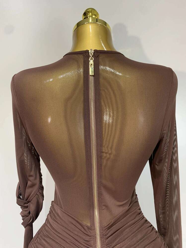 Elegant Brown Mesh Fold Long Sleeve Bodycon Dress Women 2025 Evening Party Club Sexy Perspective Fashion Birthday Dresses