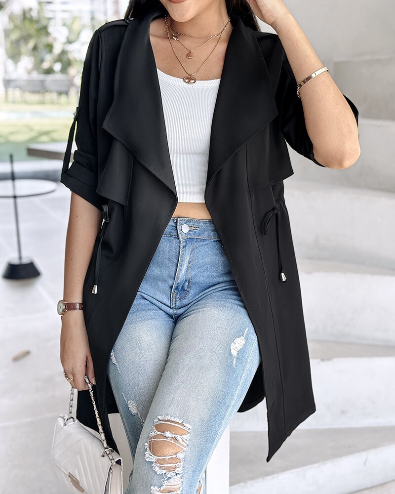 2024 new autumn and winter loose solid color waist cinched sleeve mid length windbreaker jacket womens clothing