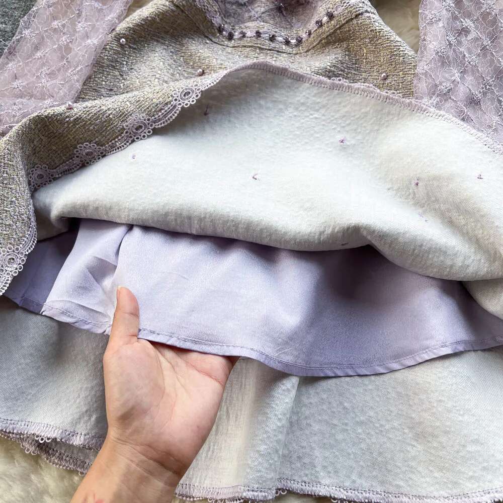 Elegant Long Sleeves Vintage Stand Collar Bow Chic Mesh Embroidered Beads Floral Slim A-Line Dresses High Street Autumn Clothing