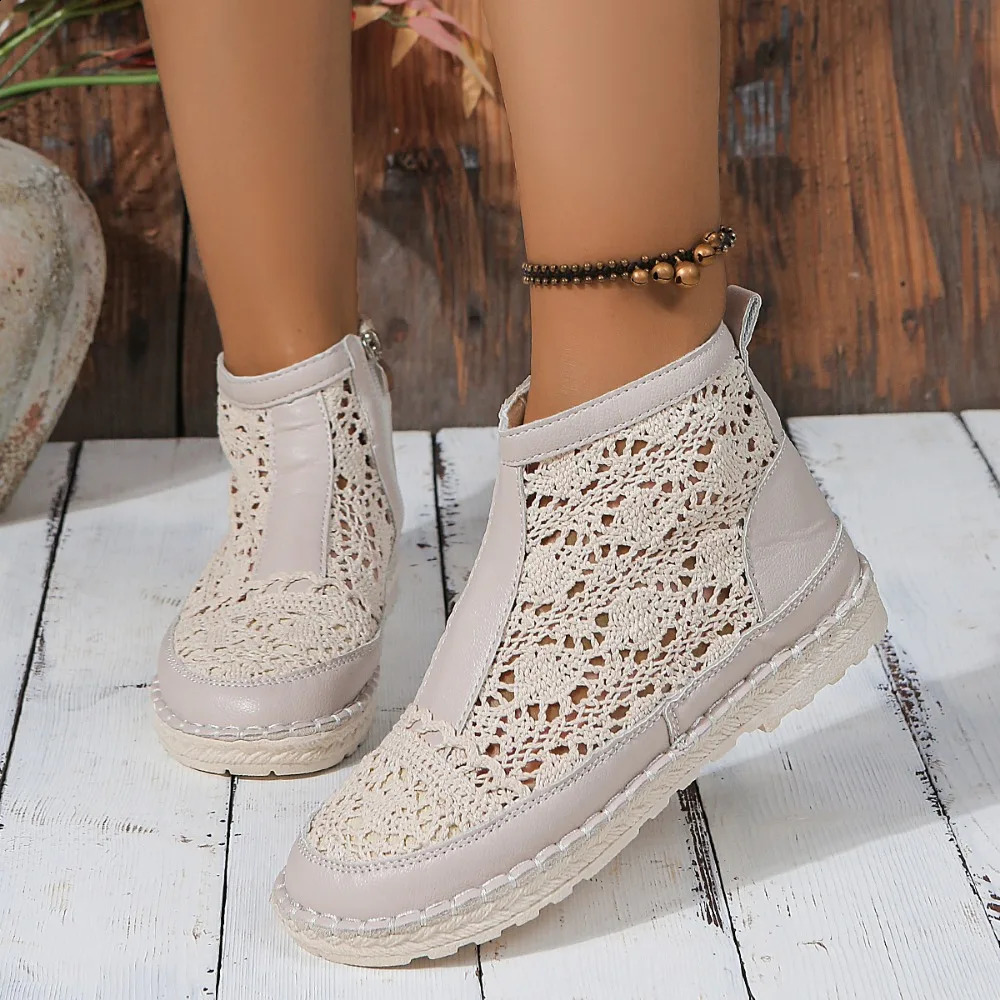 Mesh Cool Boots for Women 2024 Summer Thin Breathable Womens Versatile Short Boots Zipper Mesh Hollow Open Boots 250418