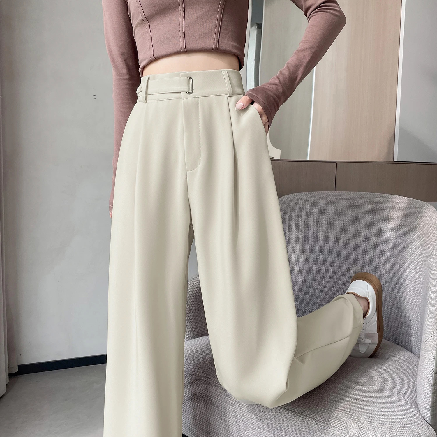 High Waist Button Suit Wide Leg Womens Full Pants Spring Autumn Red Female Elegant Minimalism Straight Loose Trousers 250421