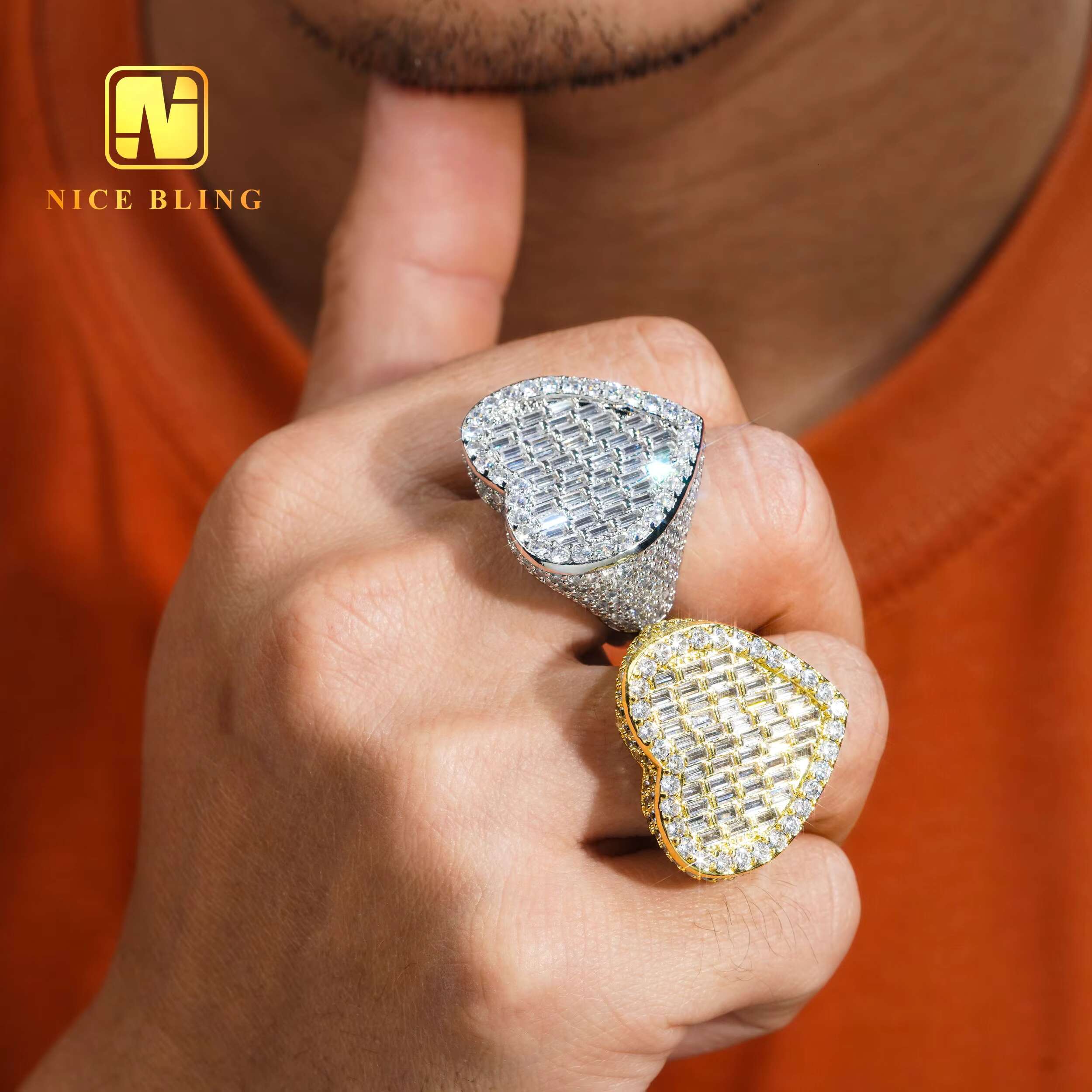 Half Iced Out Hip Hop Rings 18k Gold Plated Men Women Fashion Brass Jewelry Heart Shape baguette Cz Diamond Rings