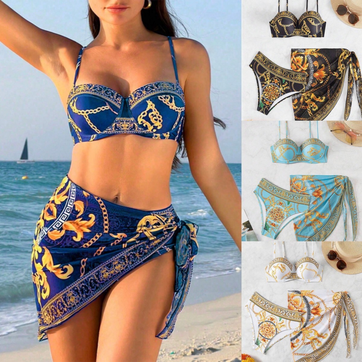 Douxlihm Free Shipping New Designer Clothing 2025 One-piece Swimsuit Sexy Back Printed Women's Cover Up Three Piece Set Bikini