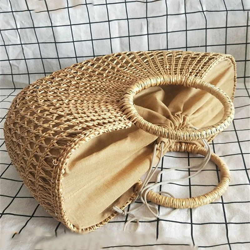 Hollow er Beach Shoulder Bag High Quality Straw Handbag Women Summer Raffia Woven Travel Basket Tote Bags 250417