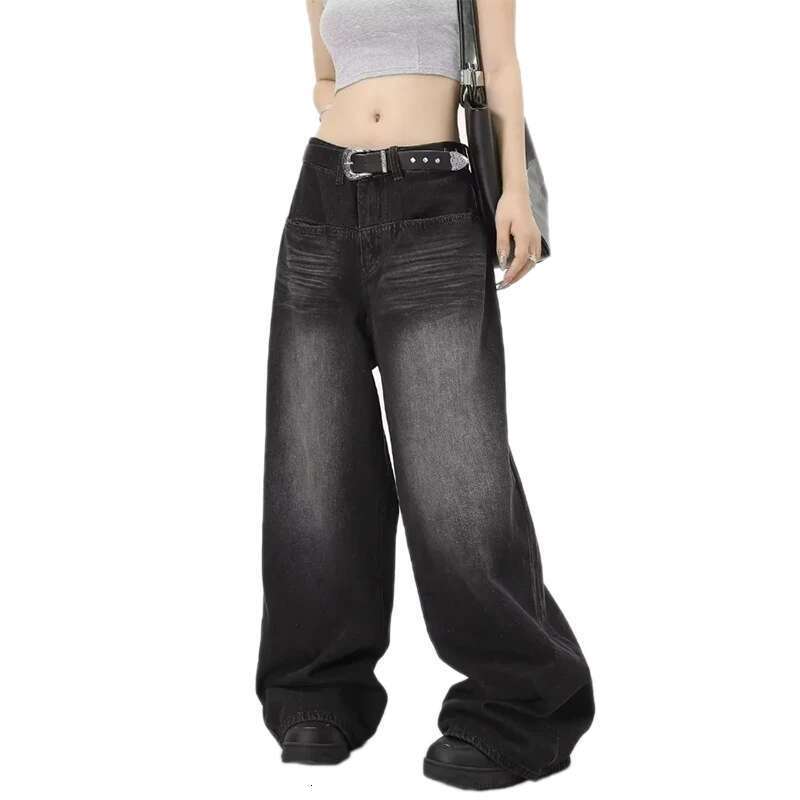 Designer Clothes Oversized Retro Black Wide Leg Pants For Women Chic Y2k Low Waist Baggy Trouser Mens Barrel Jeans Streetwear