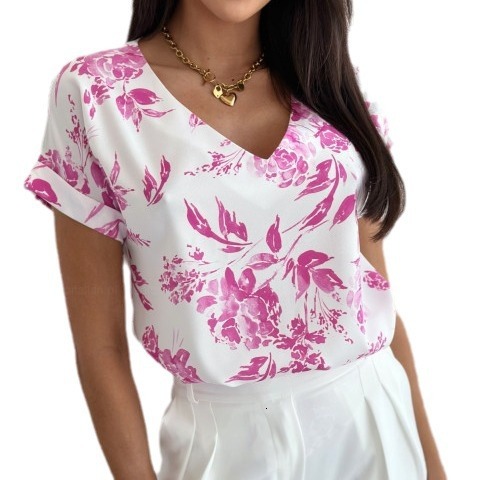 2024 summer simple and fashionable printed V-neck loose short sleeved shirt for women