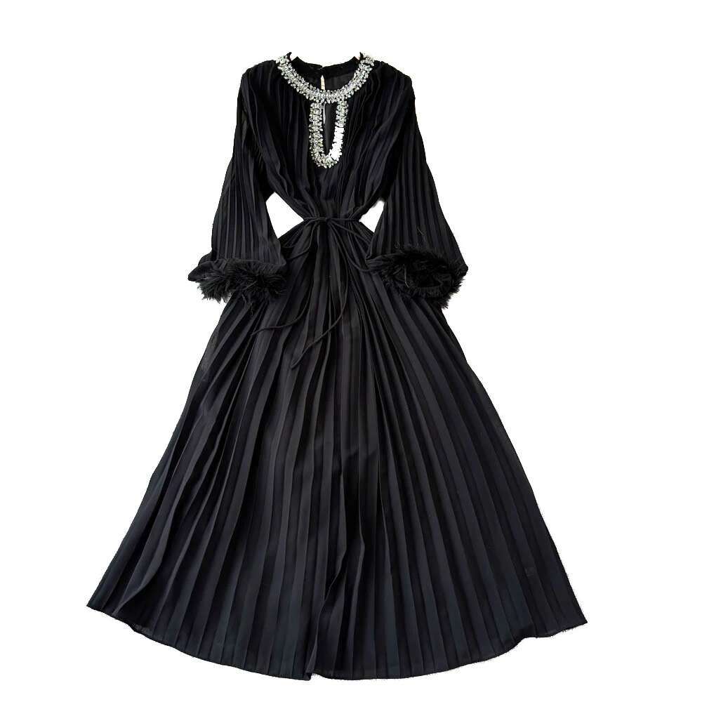 Quality 2025 Spring Crystal Loose Full Sleeve Maxi Pleated Chiffon Dress For Women Elegant Prom Evening Party Long Dresses Lady
