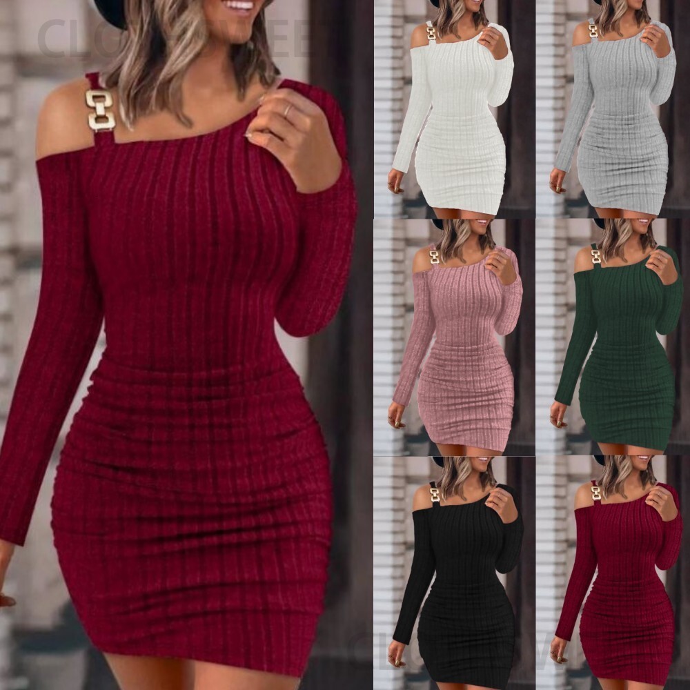2023 Autumn/Winter New Solid Color Metal Buckle Diagonal Shoulder Neck Tight Wrap Hip Slim Fit Sexy Long sleeved Dress for Women