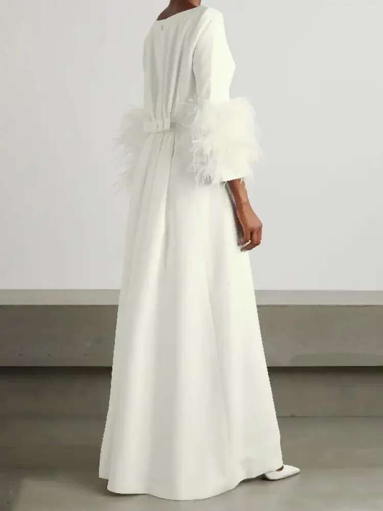 Female Solid Color Floor Length Wrap Dress Feathers Half Sleeve Boat Neck Elegant Pleated Evening Dresses For Women