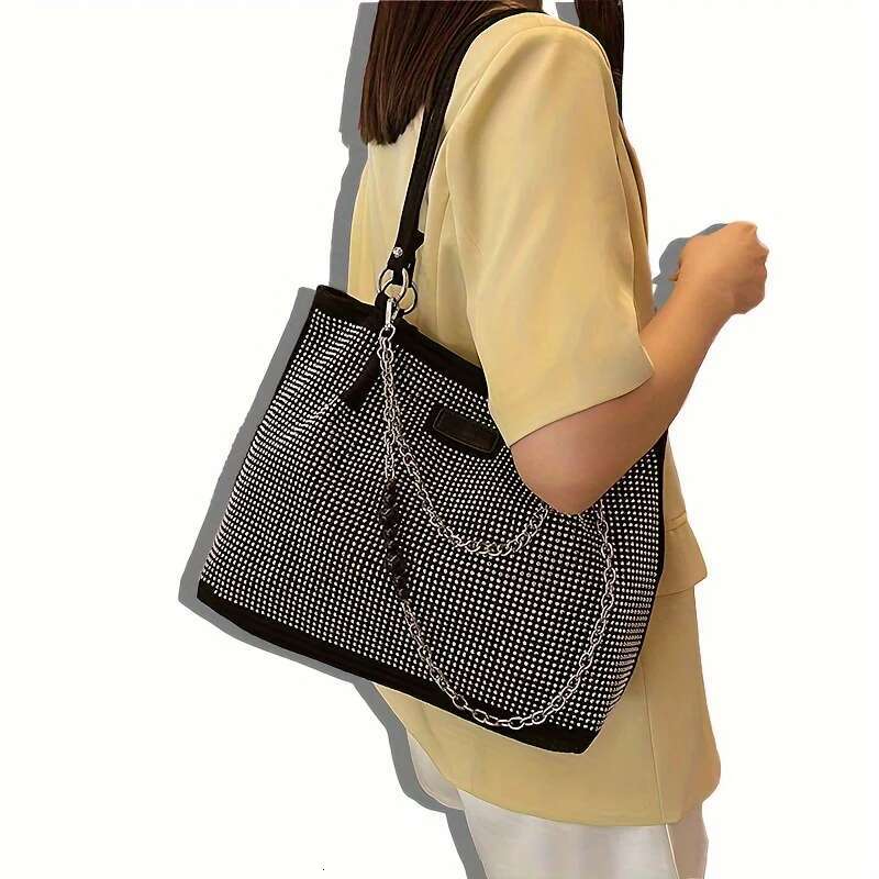 Shiny Rhinestone Shoulder Trendy Chain Decor Tote Bag, Glitter Bling-Bling Handbag For Women