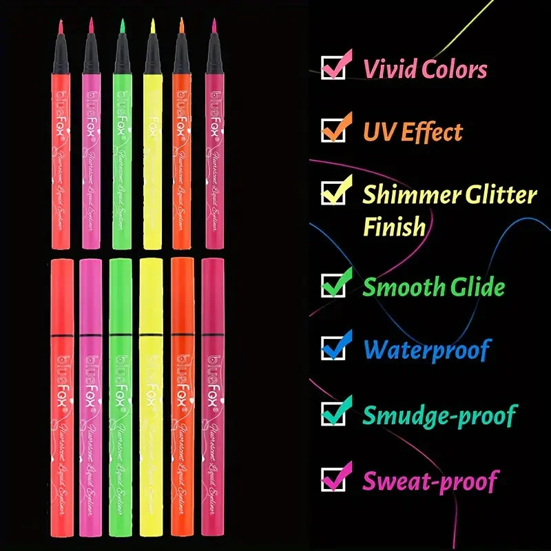 Six luminous UV reaction face and body paint sets neon liquid eyeliner pen makeup mix colors music festival 250418
