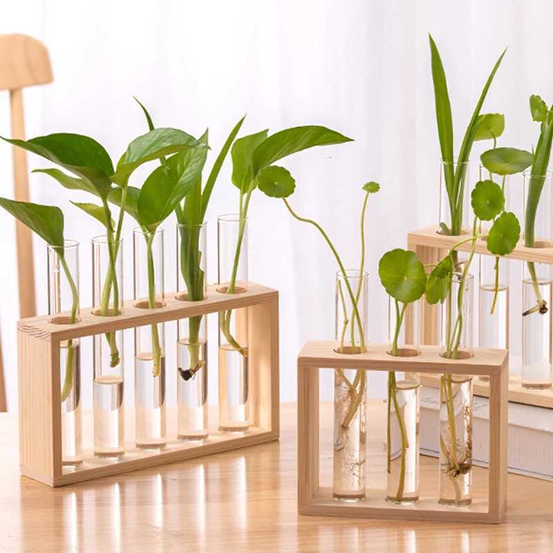 Hydroponic Plants Container with Wood Frame Transparent Glass Test Tube Vase Flower Pot Home Tabletop Bonsai Decorations Crafts C251124