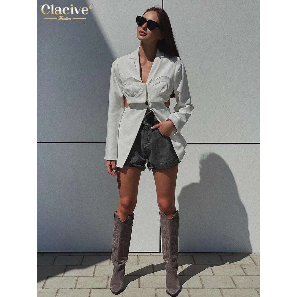 Clacive Sexy Slim White Women's Blouse 2025 Fashion Lapel Long Sleeve Shirt Elegant Classic Hollow Out Top Female Clothing
